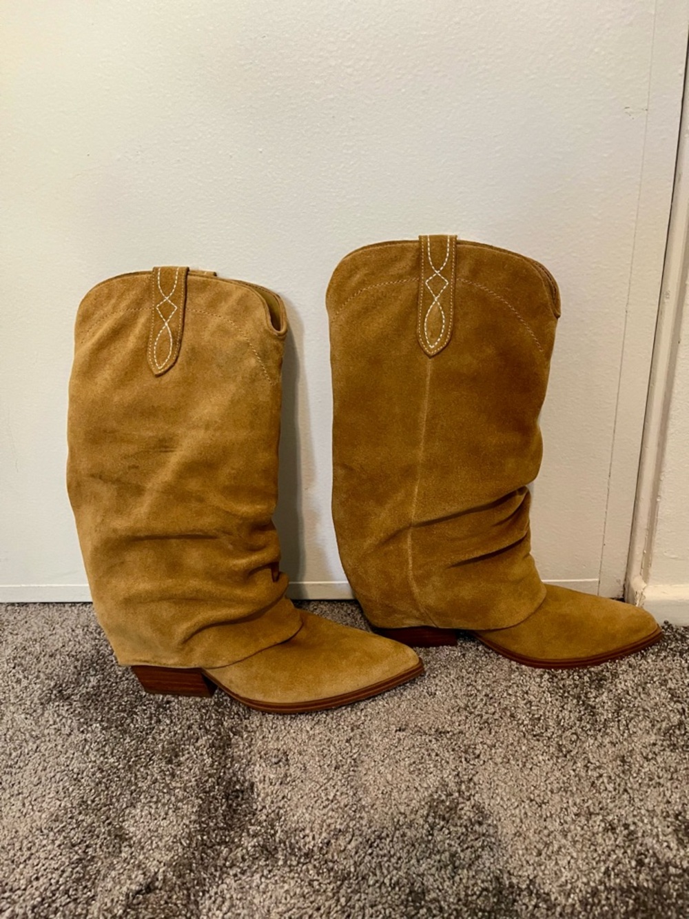 Marc Fisher Calysta Slouch Chestnut Brown Suede Pointed Toe Boot